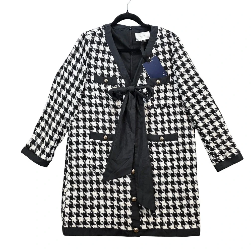 Tuckernuck Pomander Place Coco Tweed Bow Dress Black White Houndstooth Tweed Lg - Picture 2 of 12